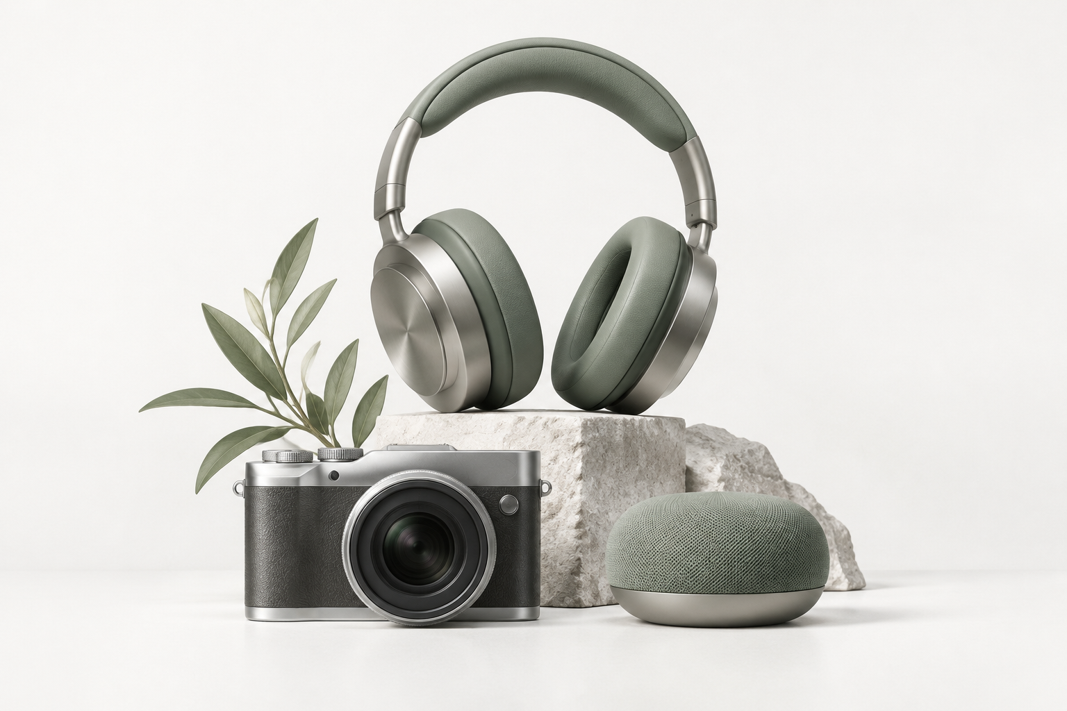 Editorial illustration of generic headphones, a camera and a speaker